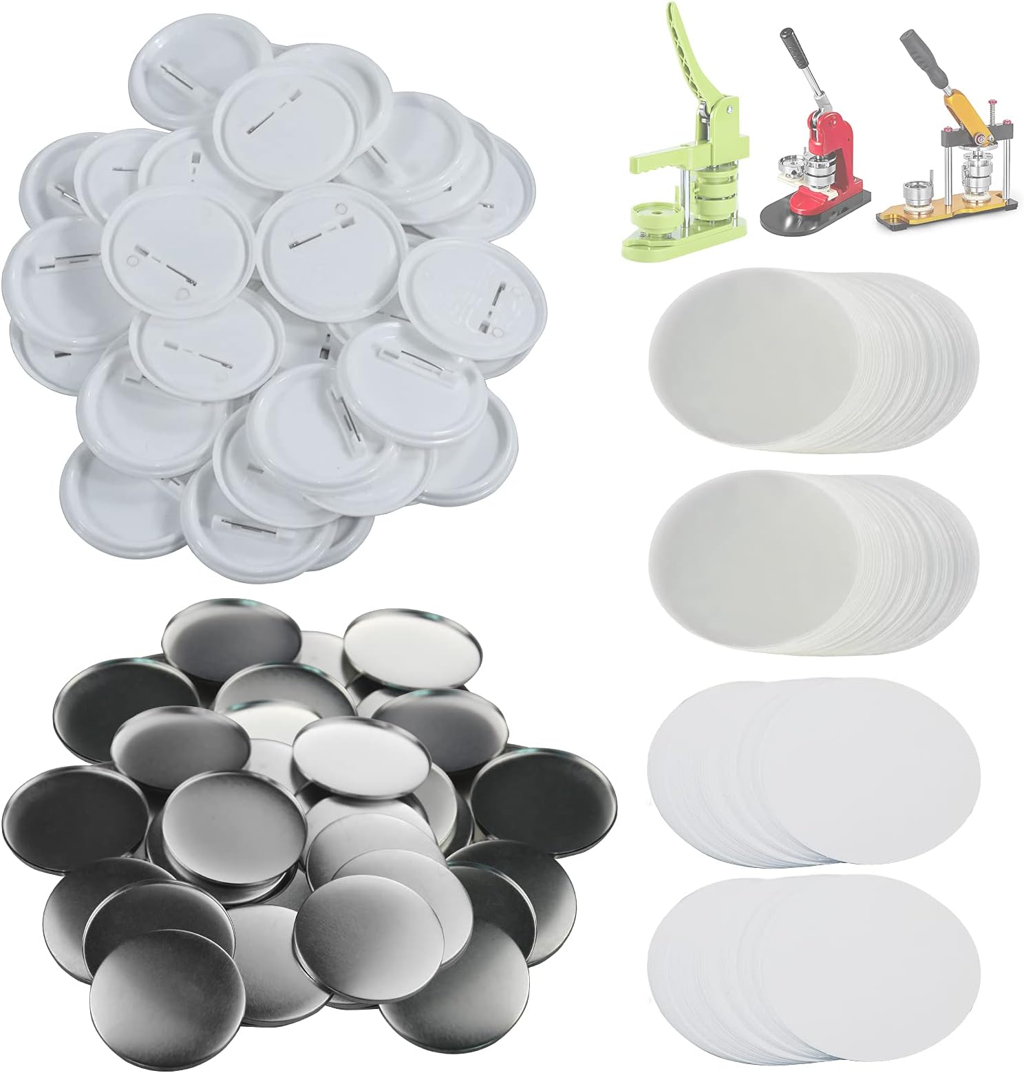Happizza 200 Sets 58mm(2.25 in) Blank Pin Back Buttons Parts for Button Maker Machine 58mm, Round Badge Making Supplies, Includes Metal Cover, Plastic Button Back Cover, Clear Film&Blank Paper