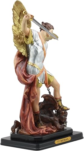 Miniatura 4 de Ebros - Estatua grande de Arcángel Saint Michael Slaying Lucifer Satanás de 14 pulgadas de alto con base de placa de nombre de latón inspirada en