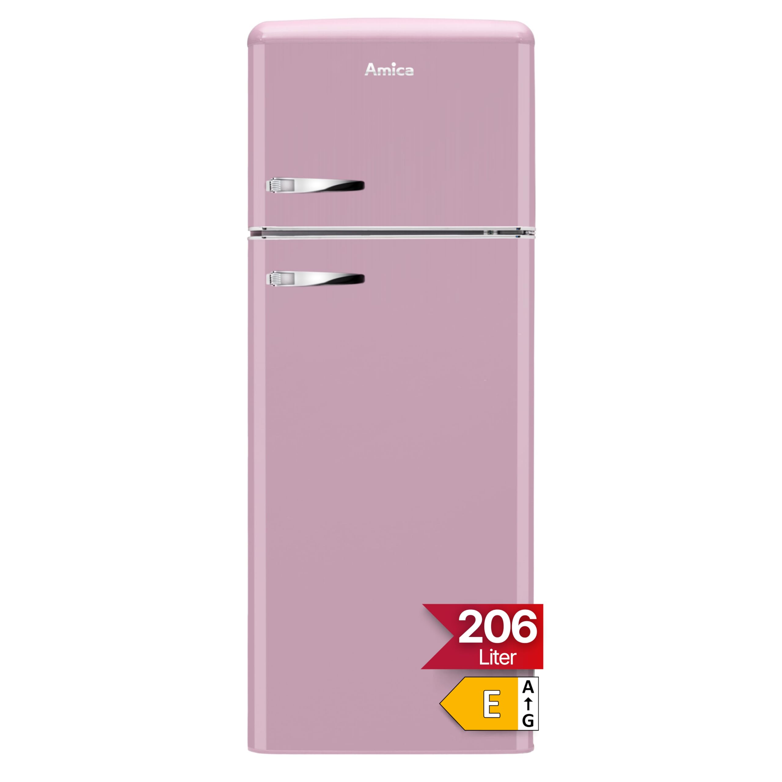 Amica KGC 15636 P Retro Kühl-/Gefrierkombination / Cupcake Pink / 144cm (H) x 55cm (B) x 62cm (T) / Retro-Design / Kühlschrank mit Gefrierfach