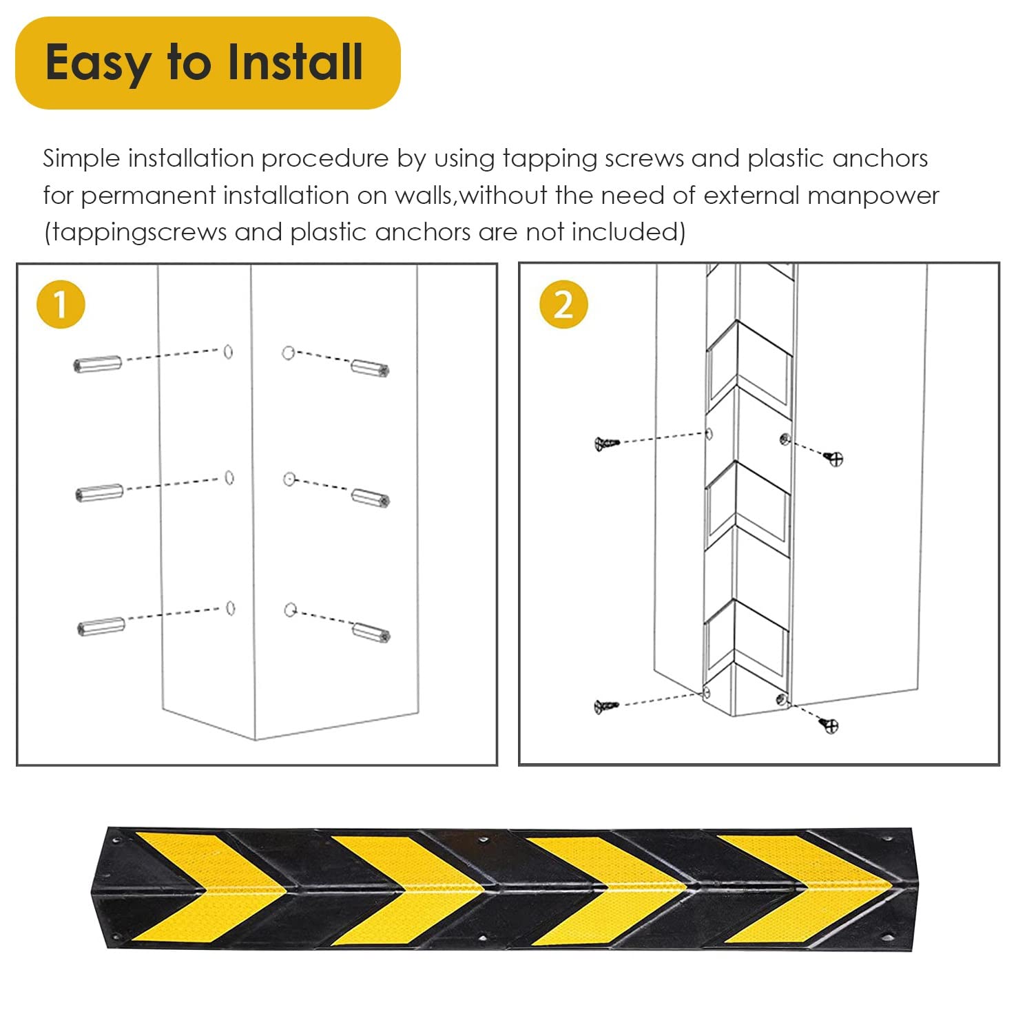 Paraspigoli in gomma per colonne di parcheggio e magazzino, 59,2,5 x 9,9 cm, riflettente, protezione per bordi gialli, facile installazione, paraurti di sicurezza per protezione da parete