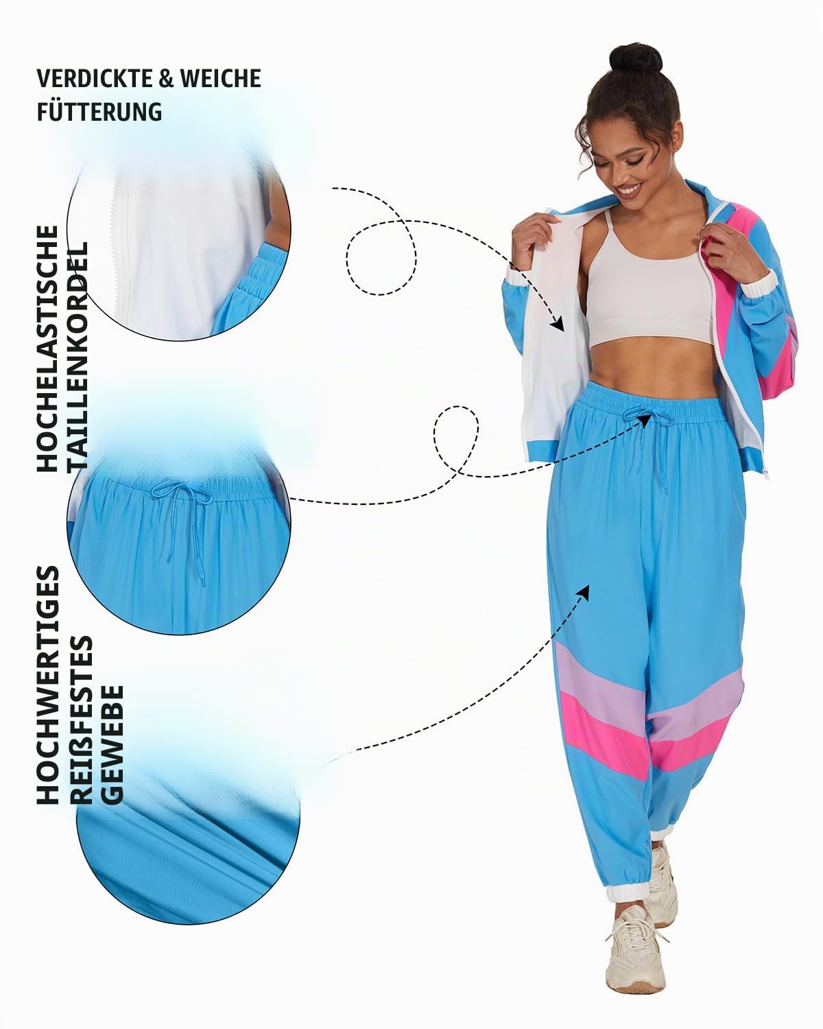 UOUA Frauen Farbe Block 2 Stück 80er 90er Outfits Langärmel Windbreaker Jacke Trainingsanzug Set