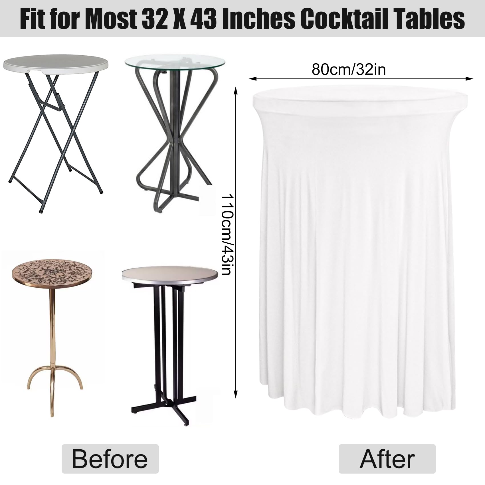 4-Pack White Spandex Cocktail Table Skirts - 32x43" Stretch Wavy Drapes For High-Top Tables