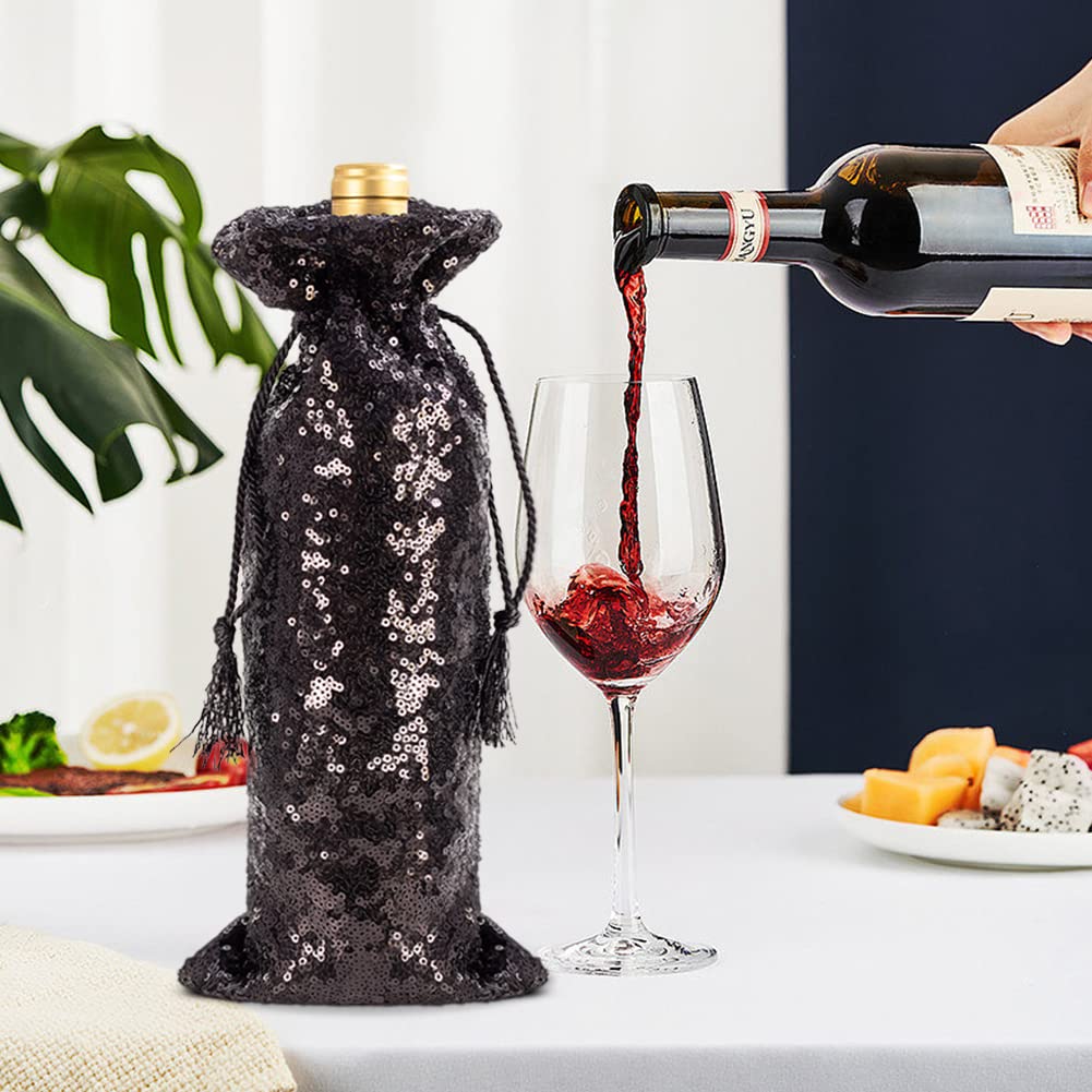 Eternal Beauty 4 Pcs Wine Bags with Drawstring, Sequin Bottle Cover for Birthday Wedding(14"x6"-Black)