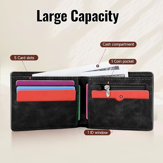 Men's Wallet PU Leather Wallet Men's Wallets with Multiple Card Slots for Men Portable Purse Wallet with Zip Coin Bag (Black)