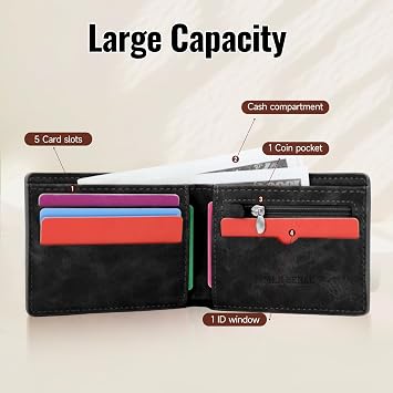 Men's Wallet PU Leather Wallet Men's Wallets with Multiple Card Slots for Men Portable Purse Wallet with Zip Coin Bag (Black)