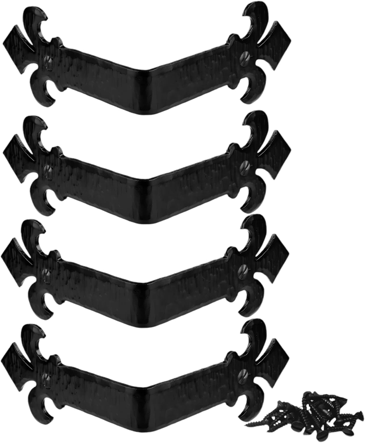 4 Pack - 6 Inch Metal Corner Bracket for Furniture - Black - Handmade Decorative Corner Braces - Rustic Metal Corner Brackets for Tables, Desks, Shelves, Boxes and Chests - The Fleur De Lis Series