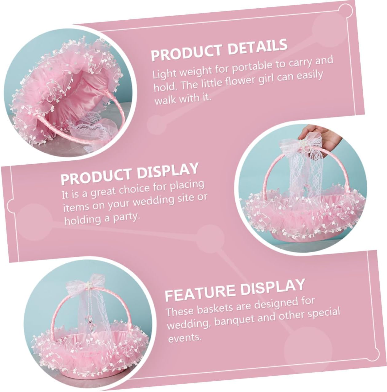 Beaupretty Portable Lace Wedding Flower Basket for Flower Girl, Foldable Pink Handheld Decorative Storage Container, Romantic Ceremony Supply for Weddings and Parties