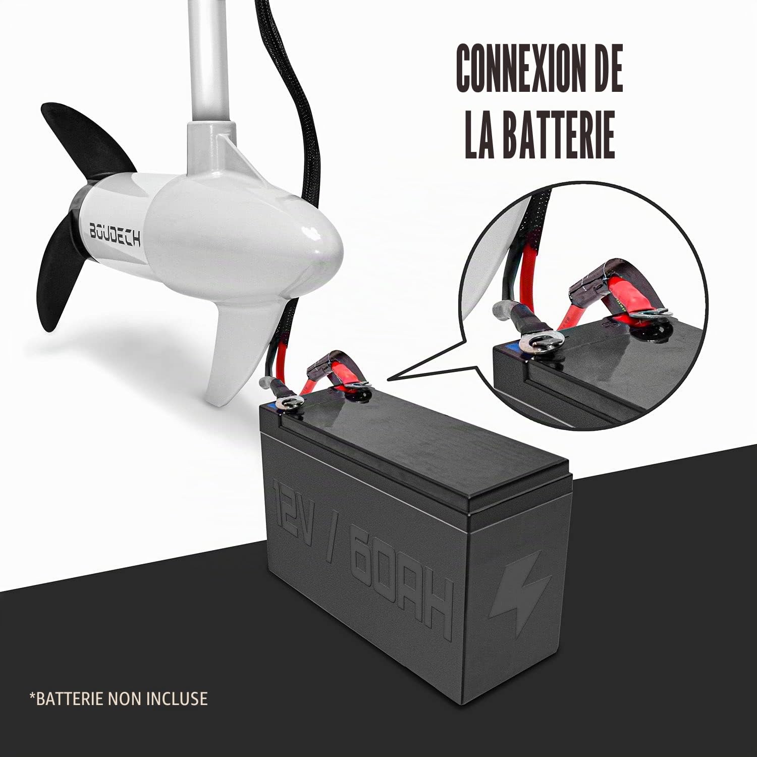 BOUDECH® Kuze 60 Moteur Hors-Bord Électrique 696 W pour Canot et Bateau Pneumatique – Hélice Blanche 3 Pales – Moteur de Traîne Silencieux