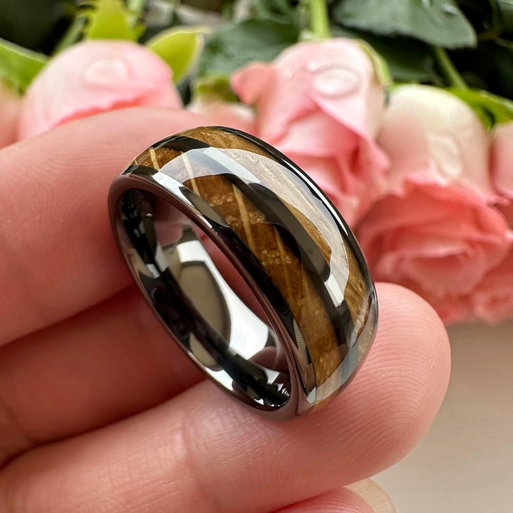 TUTISS 8mm Silver/Black/Gunmetal Tungsten Rings for Men Women Wedding Bands Double Whisky Barrel Oak Wood Inlay Domed Polished Shiny Comfort Fit