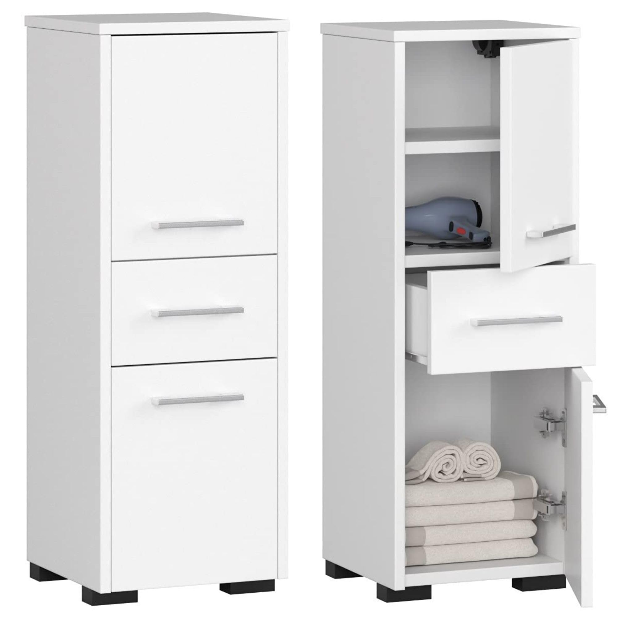 Armoire de salle de bain avec 1 tiroir et 3 compartiments, 30 x 30 x 85 cm, en panneau stratifié de 16 mm d'épaisseur, blanc