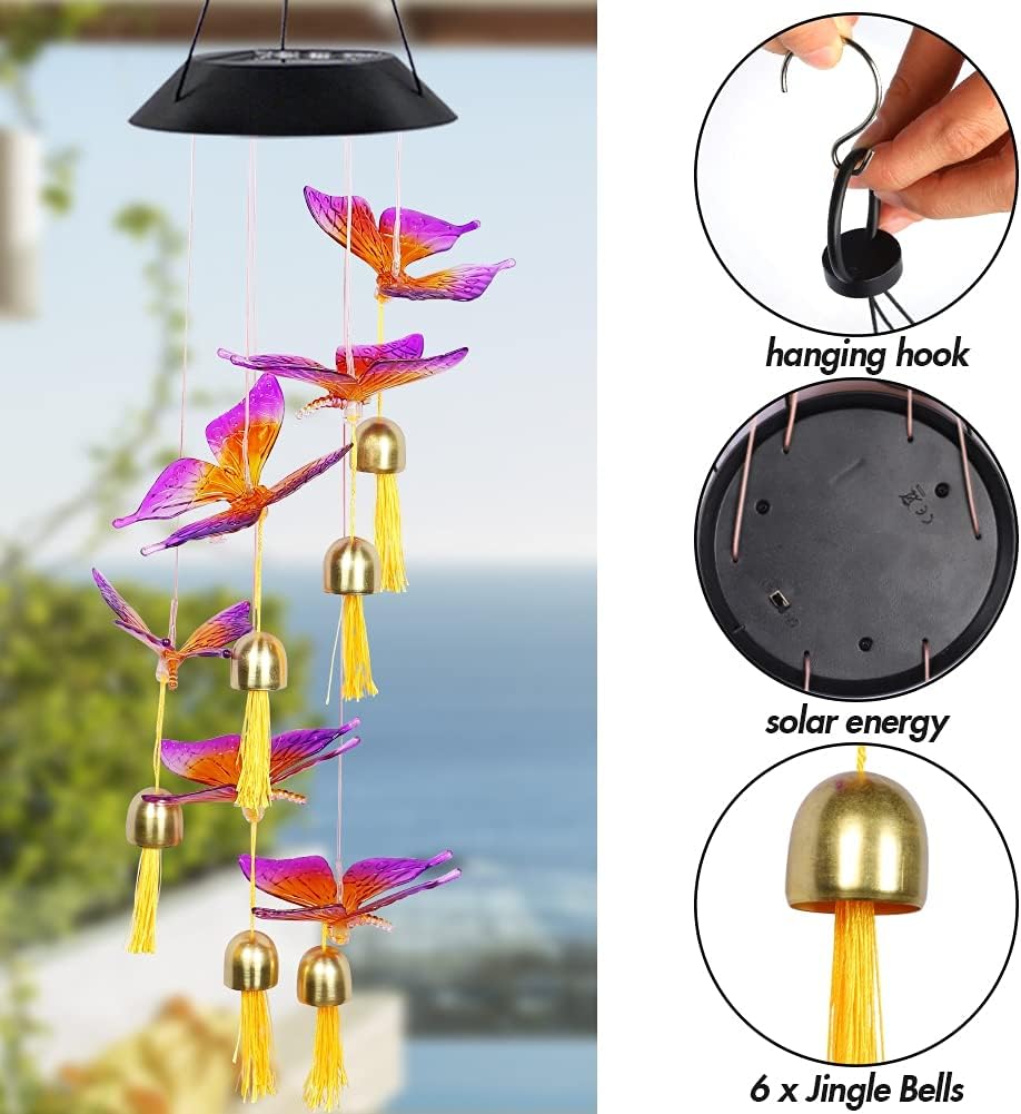 MorTime LED Solar Wind Chime with Bell,Mobile Hanging Wind Chime for Home Garden Decoration, Automatic Light Changing (Butterfly Bell)