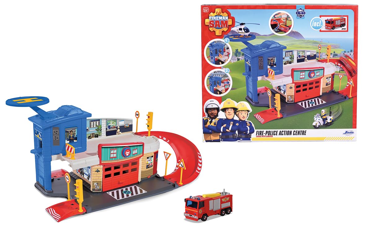 Dickie Toys Simba - Sam Le Pompier - Caserne Pompier Police - Héliport - Rampe de Lancement - Camion Jupiter Die Cast Inclus - 203097008