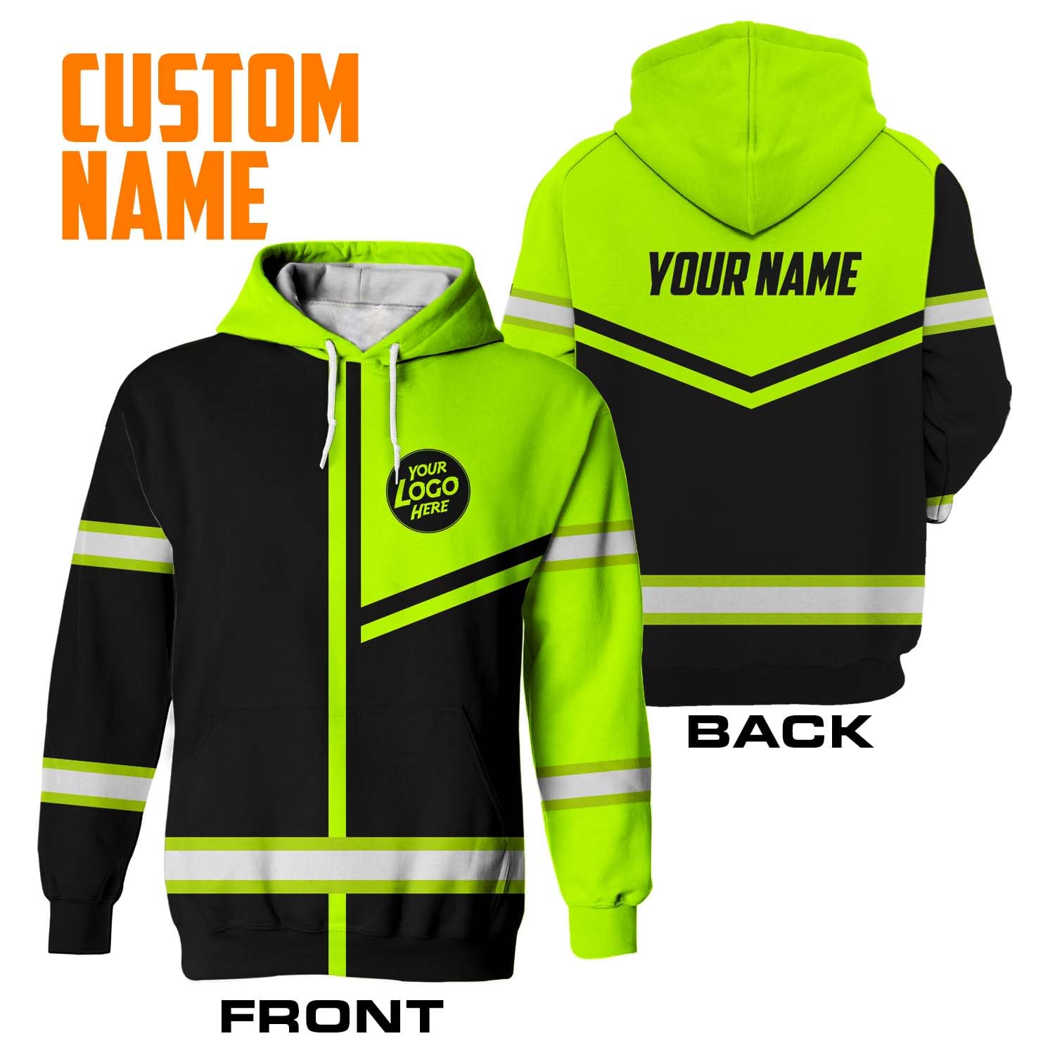 HiVis Custom Company, Group, Team Uniform High Visibility Hoodie for Men Hi Vis Safety Shirt Black Green Neon Customize Logo and Name with Reflective Tapes-M
