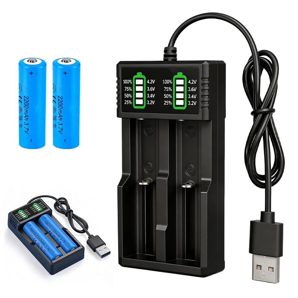 Wxeadu Battery Charger Set with 2 Pack 2200mah 3.7V Battery Pointed, Rechargeable Battery, USB 2 Slot Charger with LCD Display Smart, Lithium-ion Battery Chargers for Radio, Flashlight