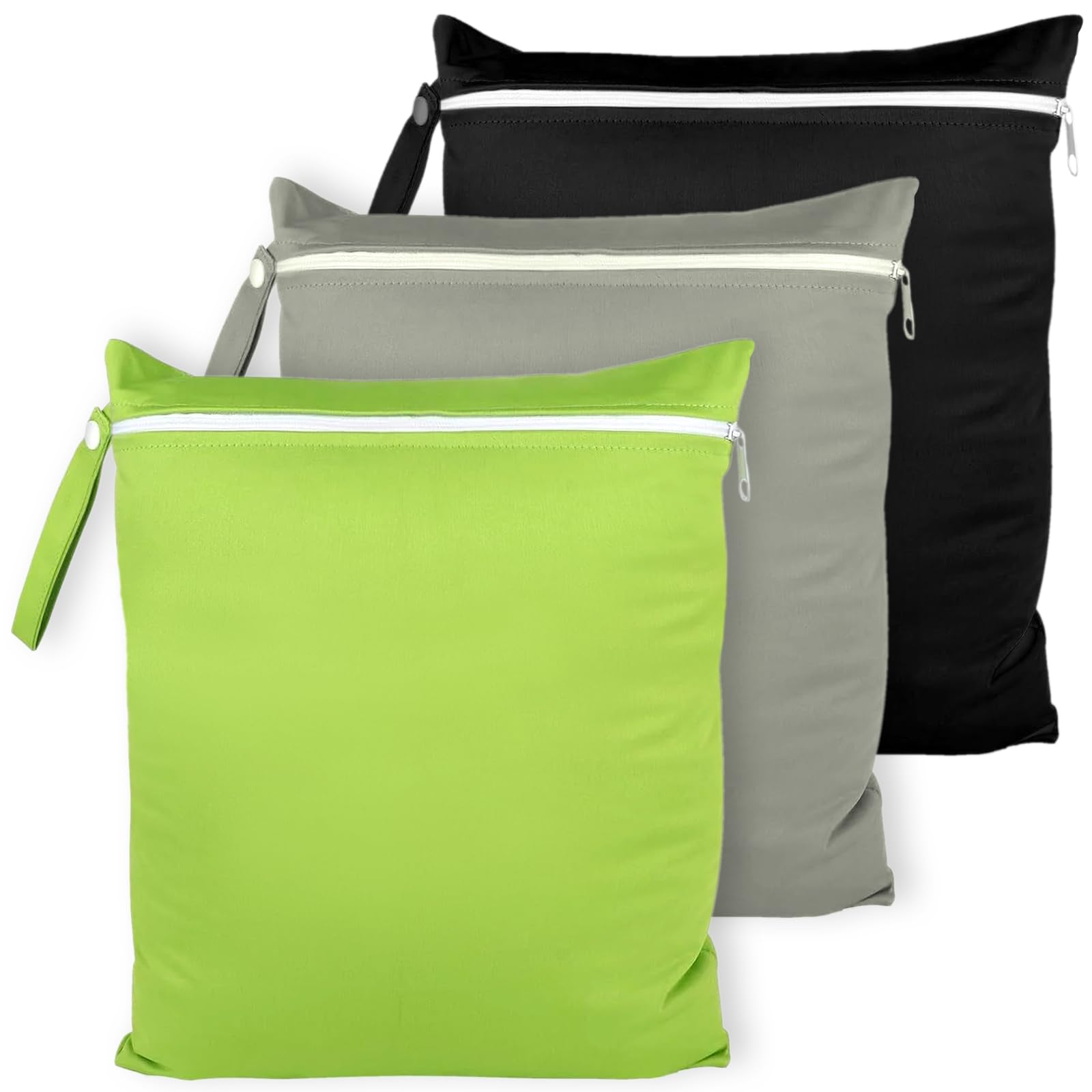 3 Pièces 40x30 cm Wetbag, Sac Humide Impermeable avec Fermeture Éclair, Sac à Couches Lavables pour Maillots de Bain, Linge à Sale, Serviettes de Plage et Couches, Noir, Gris, Vert