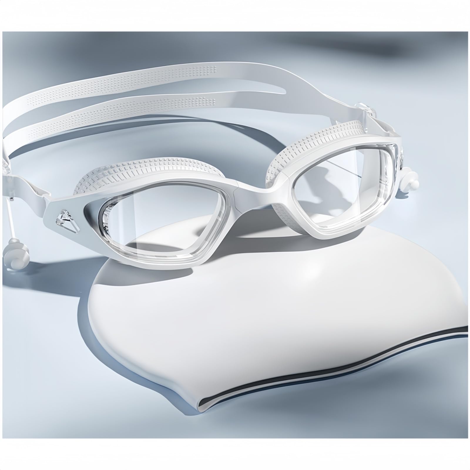 Yuziwi Swimming Goggles with Prescription (-0.0 to -6.0), Anti-Fog, Wide Angle & Comfortable Fit for Pool, Lake and Sea (-3.0, White Swimming Cap)