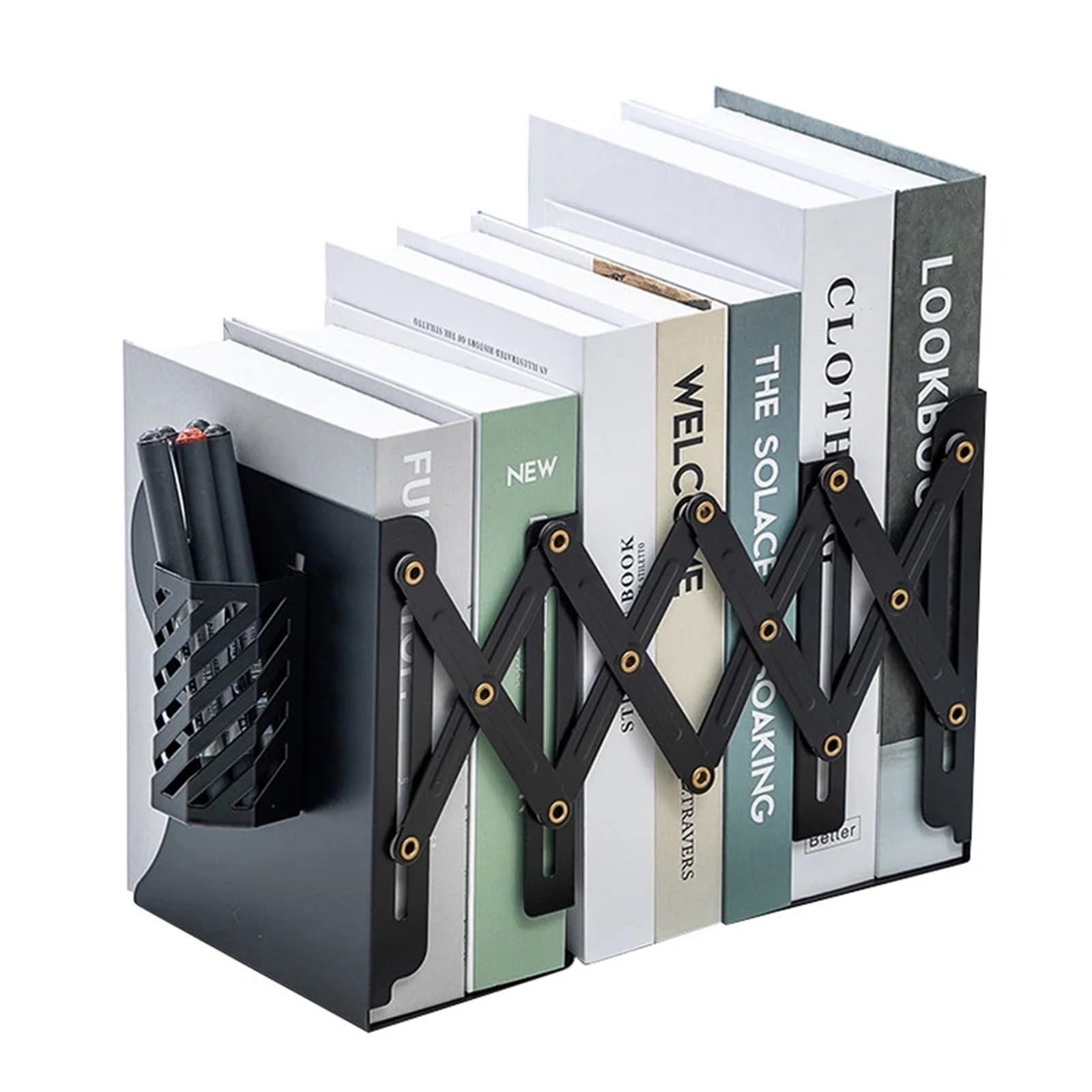 Buchstütze 1 stücke Skalierbare Metall Buchstützen Mit Stift Halter Stretch Schreibtisch Buch Lagerung Organizer Büro Liefert for Desktop Organisation(Black)