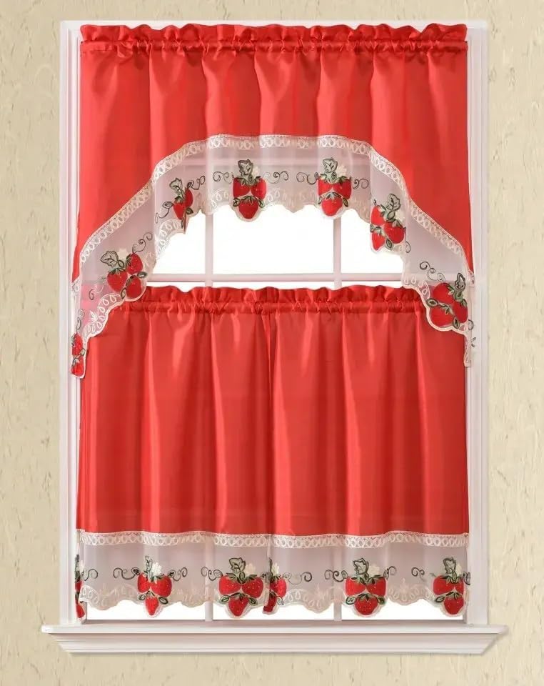 YHSF Kitchen Curtain Set 3-Piece – Elegant Tier Curtains with Valance Set for Kitchen Windows, Rod Pocket Design for Easy Installation, Stylish Window Decor, Includes 2 Tiers & 1 Valance – Strawberry