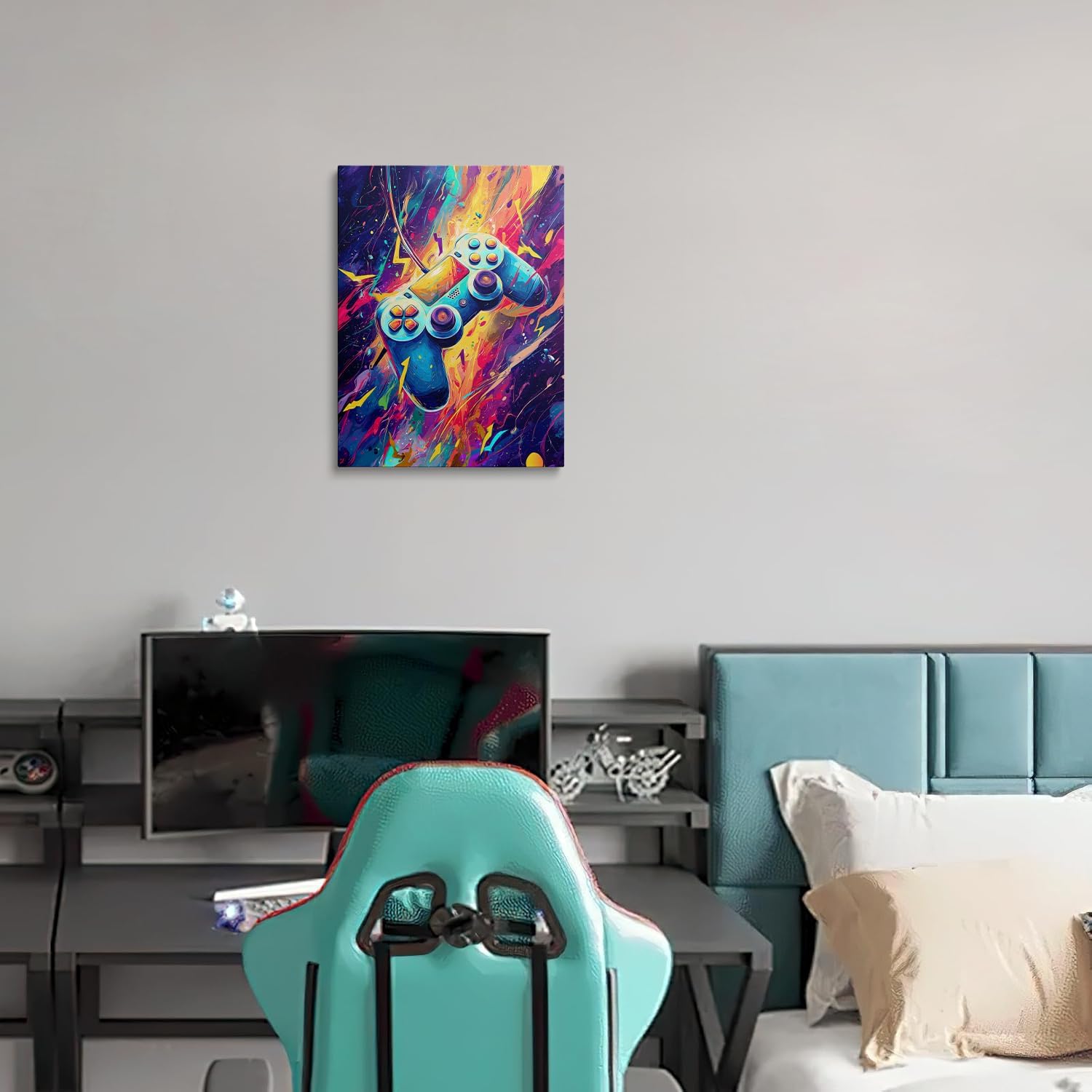 Gaming Controller Wall Art Canvas Framed Print Electric Blue Purple Painting Energetic Gamer Wall Decor Artwork Poster Video Game Room Decor for Boys Bedroom Teen Room Vibrant Dynamic 12x16 Inches