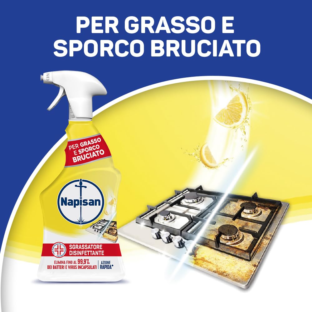 Napisan Spray Sgrassatore Disinfettante al Limone, Confezione da 12 pz da 740 ml di Sgrassatore Disinfettante, Spray da 740 ml