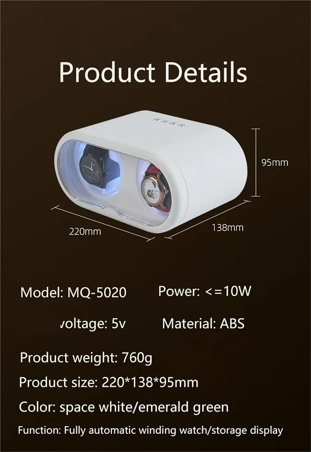 Automatic Winding Watch Winder 2slot Box Q-50 Model White/Green 220 * 138 * 95m+ White Light and Colored Show 2 Power