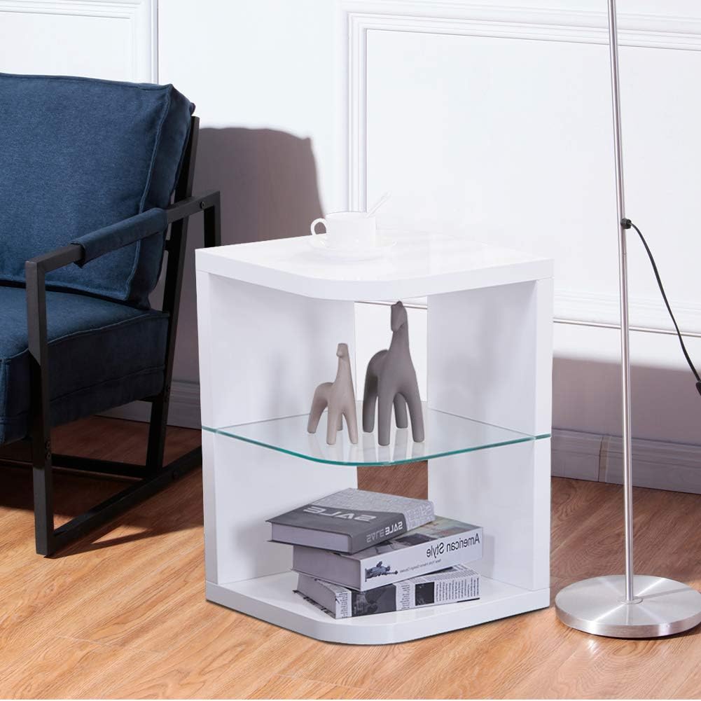 GOLDFAN High Gloss Side End Table Modern Coffee Table with Glass