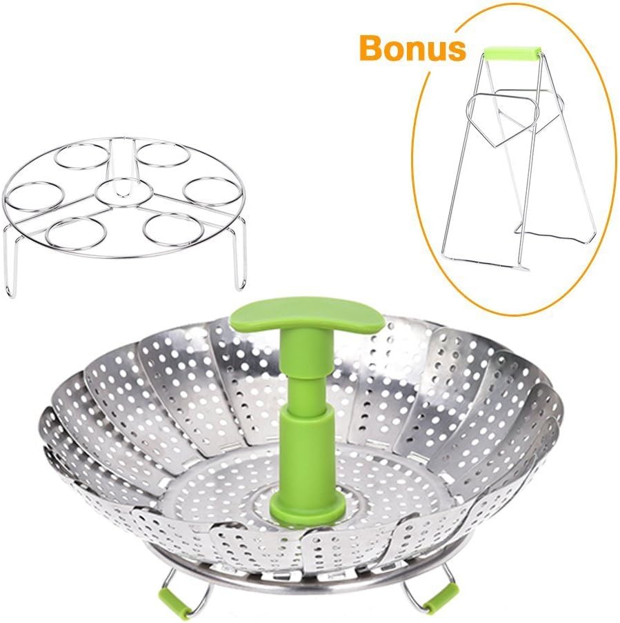 Vegetable Steamer Basket - Steam Rack Basket Set for Instant Pot Pressure Cooker, Food Grade Stainless Steel, Expandable Steam Basket Fit Various Size Pot, Egg Steaming Rack BONUS Hot Plate Bowl Clamp