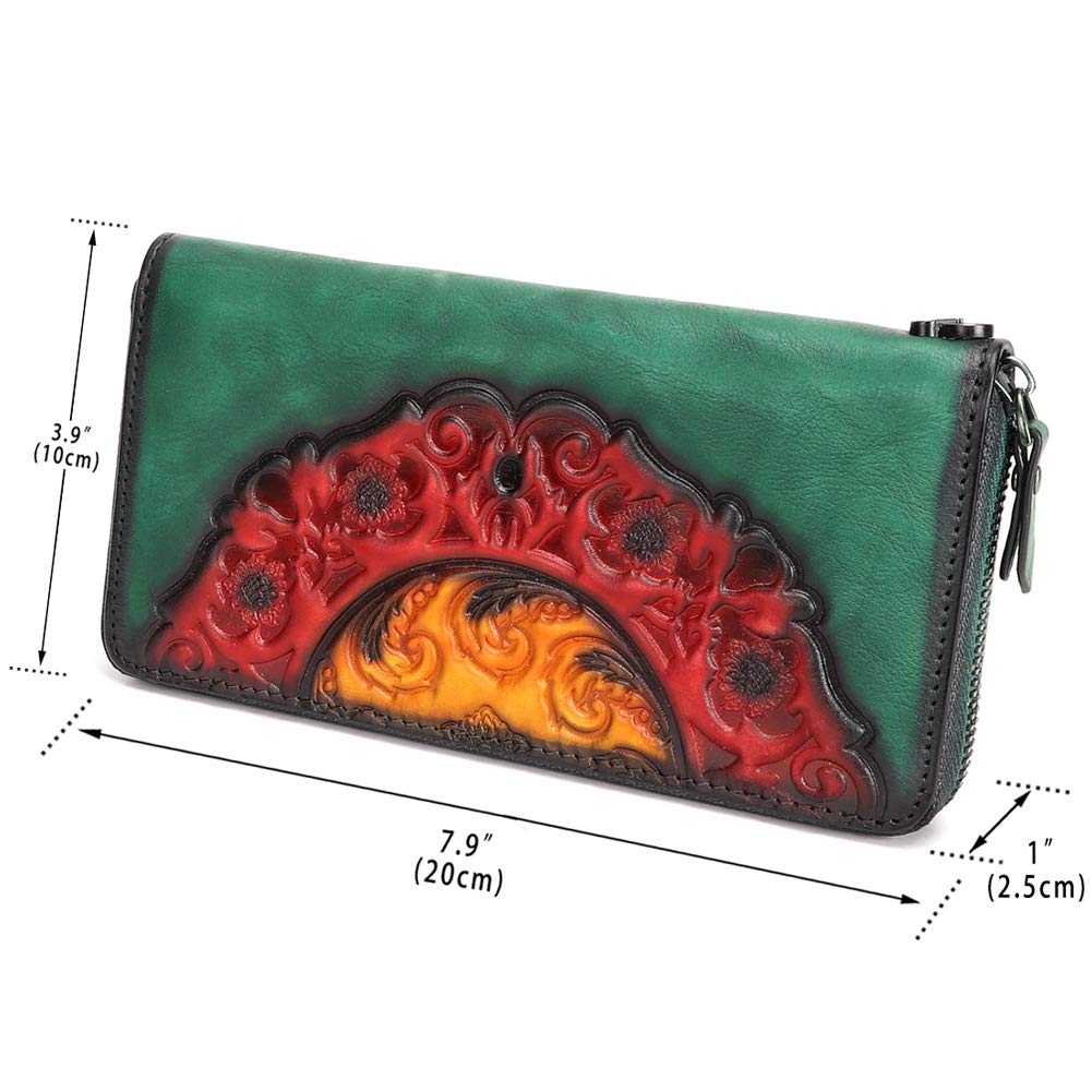 IVTG Women's Genuine Leather Wallet - Vintage Embossed Cowhide Long Purse, Retro Green - View #8