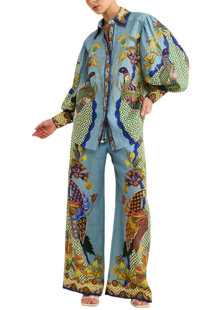 Tenues 2 pièces bohème pour femme - Imprimé graffiti - Ensemble assorti - Chemise boutonnée à manches longues et pantalon avec poches - Vêtement de détente hawaïen