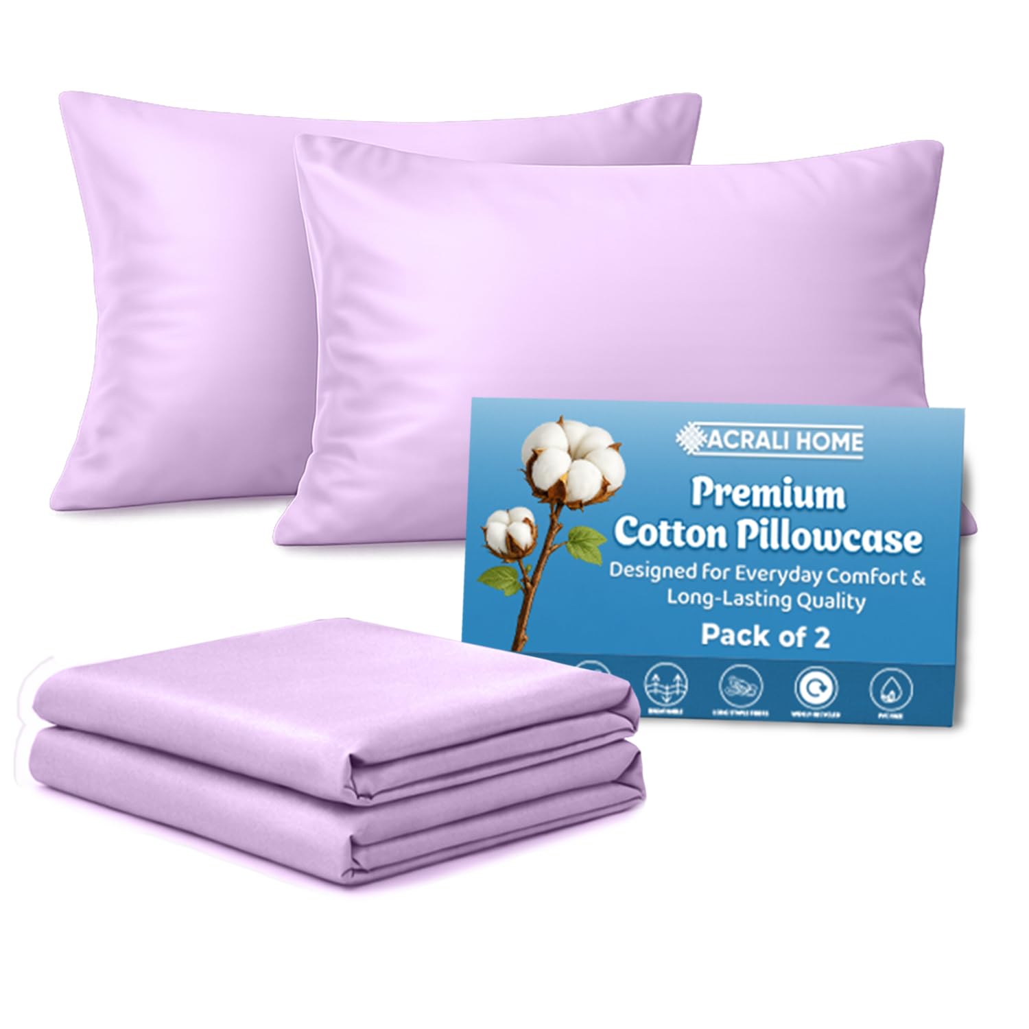 Acrali Home Pink Egyptian Cotton Pillow Cases 2 Pack, Standard Size 50x75 cm - 200 Thread Count - Hotel Quality Super Soft, Breathable Pillow Covers with Envelope Closure — image 1