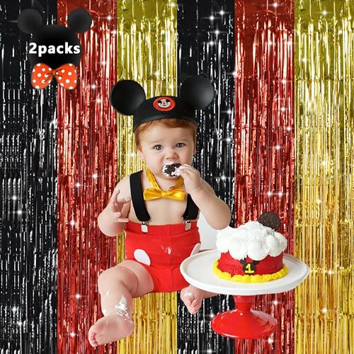 Image of TONIFUL Black Red Gold Door Streamers,Black Red and Gold Photo Booth Backdrop Metallic Streamers Foil Fringe Curtain for Mouse Themed Birthday,New Year,Graduation,Baby Shower Party Decoration