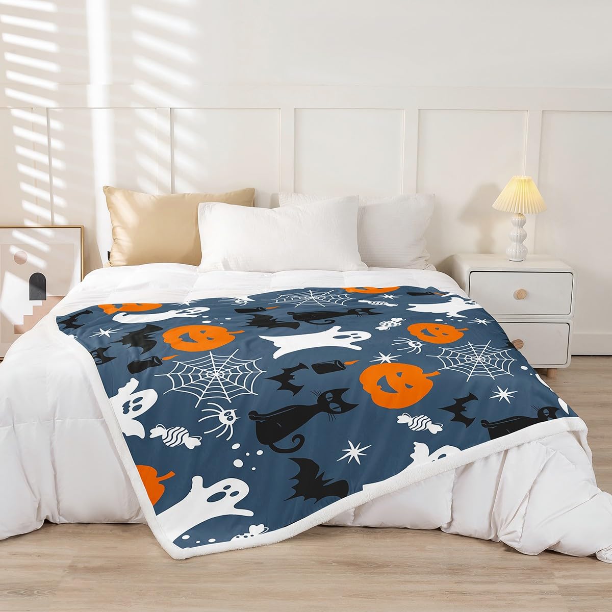 Erosebridal White Ghost Throw Blanket Black Cat Bats Halloween Decoration Fleece Blanket for Kids Boys,Pumpkin Lantern Blanket Halloween Spider Web Blanket 50
