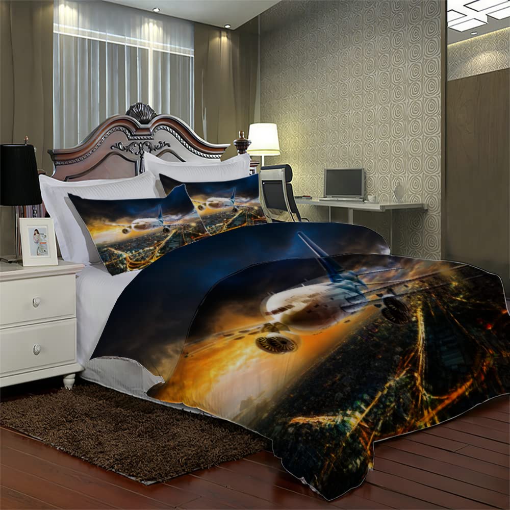 Flugzeug Bettbezüge für Kinder Jungen Mädchen Einzelbett 3D Der Blick Auf Die Stadt Bettwäsche 135x200 cm 2teilig Mikrofaser Bettbezug Sommer Warm Weiche Bettwaren mit Kissenbezüge 80x80