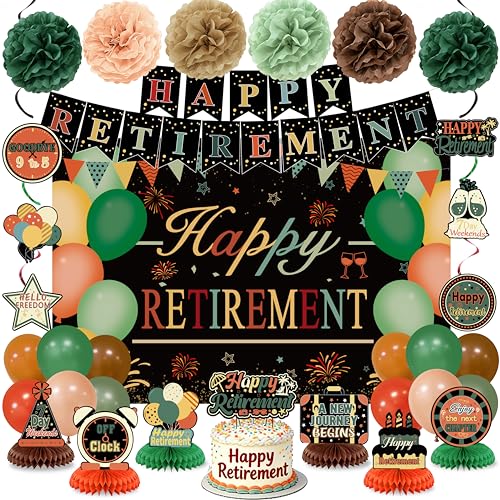 Image of Retirement Party Decorations for Men Women Vintage Happy Retirement Banner Backdrop Balloons Paper Pompoms Honeycomb Centerpiece Cake Topper Hanging Swirl Set