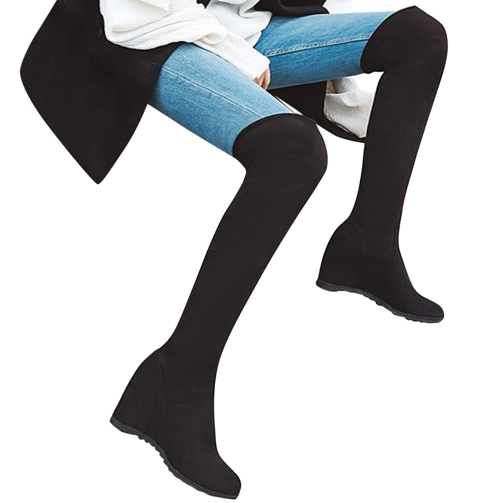 Overknees Stiefel Damen Mit Keilabsatz - Kniehoch-Stiefel Stretch Langschaftstiefel Kniehoch Wildleder-Stiefel Klassische Schlupfstiefel Rundzehe High-Heels-Stiefel Rutschfest Damenstiefel