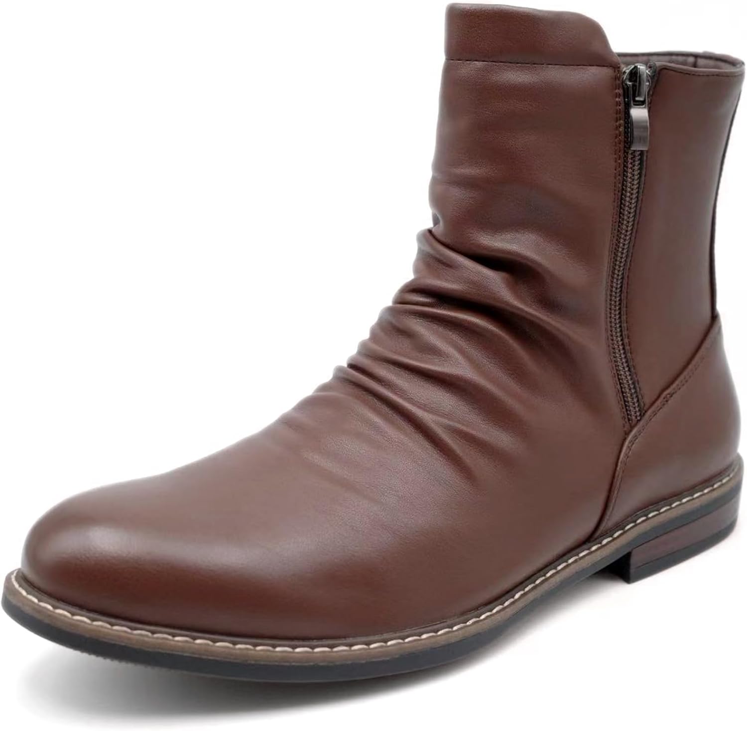 Finishing & Sewing Men's Casual Motorcycle Combat Ankle Boots with Side Zipper and Ruched Design