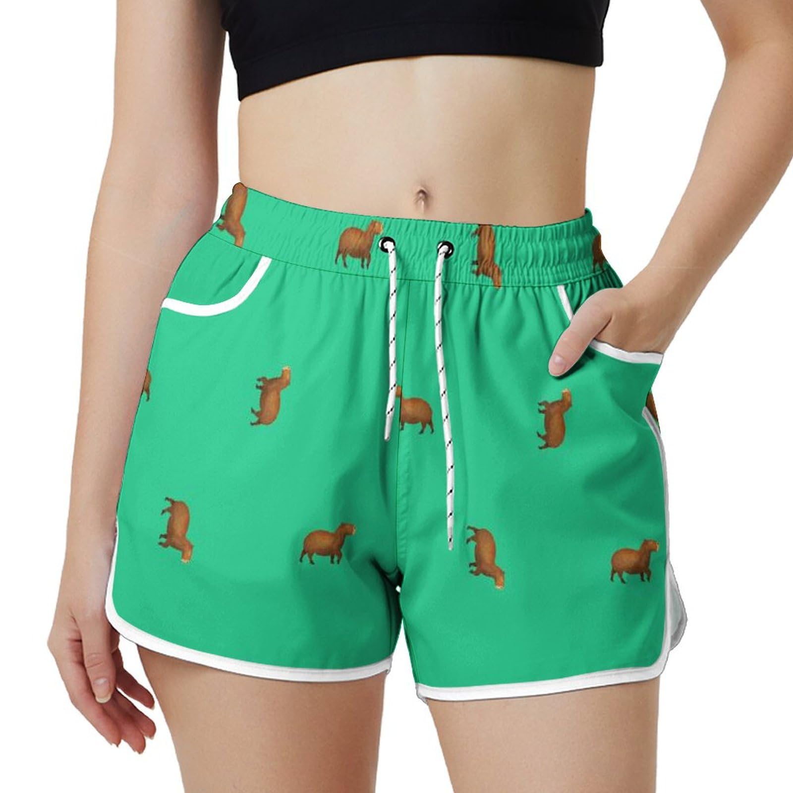 AYUNIX Women's Running Shorts with Pockets Quick Dry Performance Shorts for Women Capybaras Athletic Workout Gym Shorts White