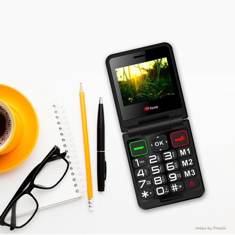 TTfone TT660 - Teléfono móvil abatible para Personas Mayores, diseño Plegable, Botones Grandes, Asistencia de Emergencia, batería de Larga duración, Pago por Uso (EE PAYG, Negro, con Cargador de Red)