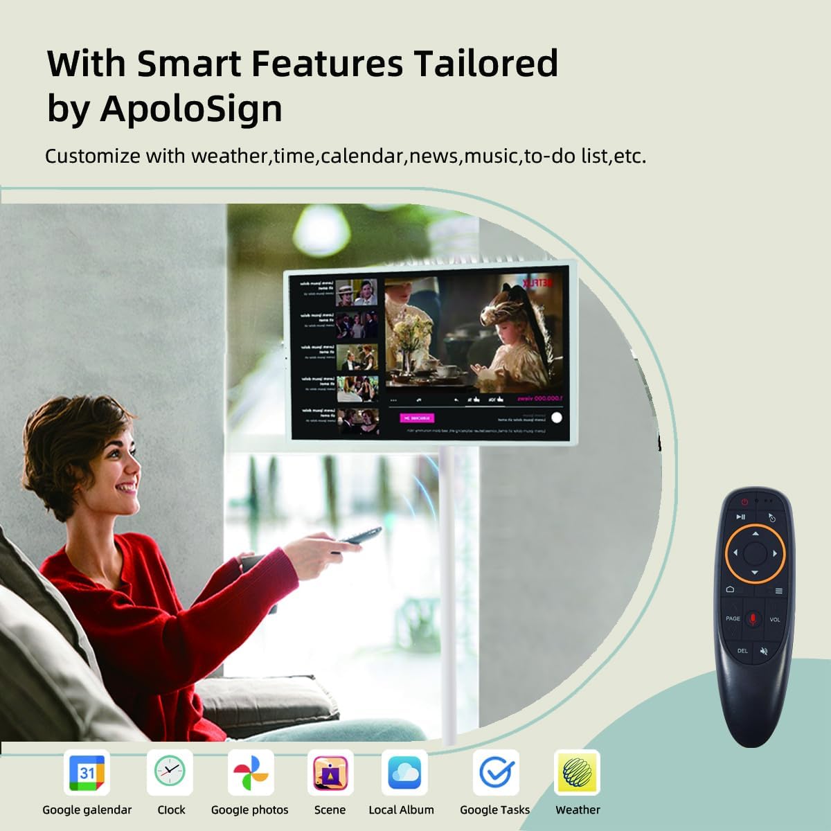 32 Inch Smart TV with Rotatable Touch Screen, 8GB RAM, 128GB Storage, Android 13, Portable on Wheels, 1080P Display, Built-in Battery, White