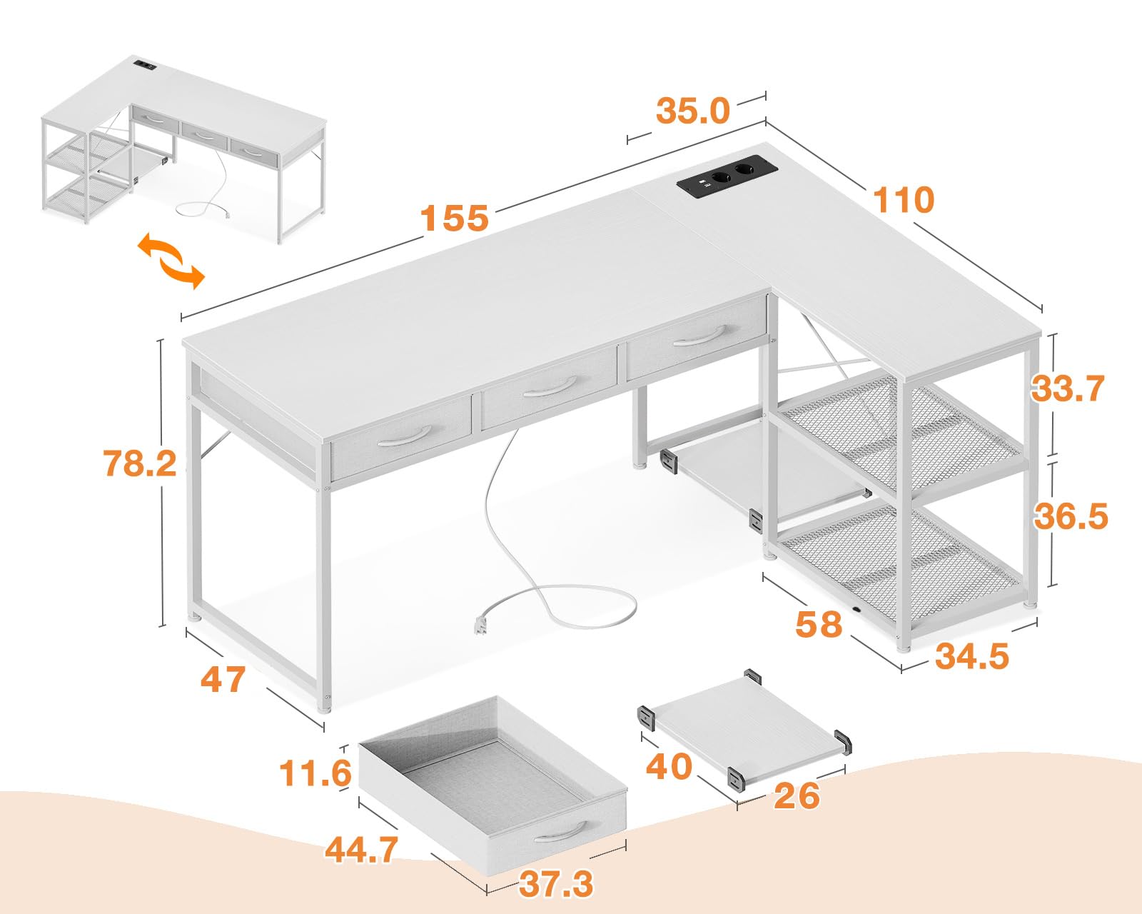 ODK Scrivania con Cassetto Sotto, Scrivania ad L con Multipresa, Scrivania ad Angolo Bianca con Design Reversibile, 155×110cm