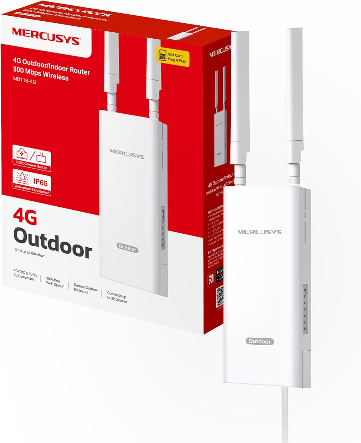 MERCUSYS MB118-4G Router WiFi con Sim da Esterno, 4G CAT4 LTE N300Mbps, 2 Antenne LTE Rimovibili, Porta LAN, Alimentazione PoE/DC, Montaggio su Palo,