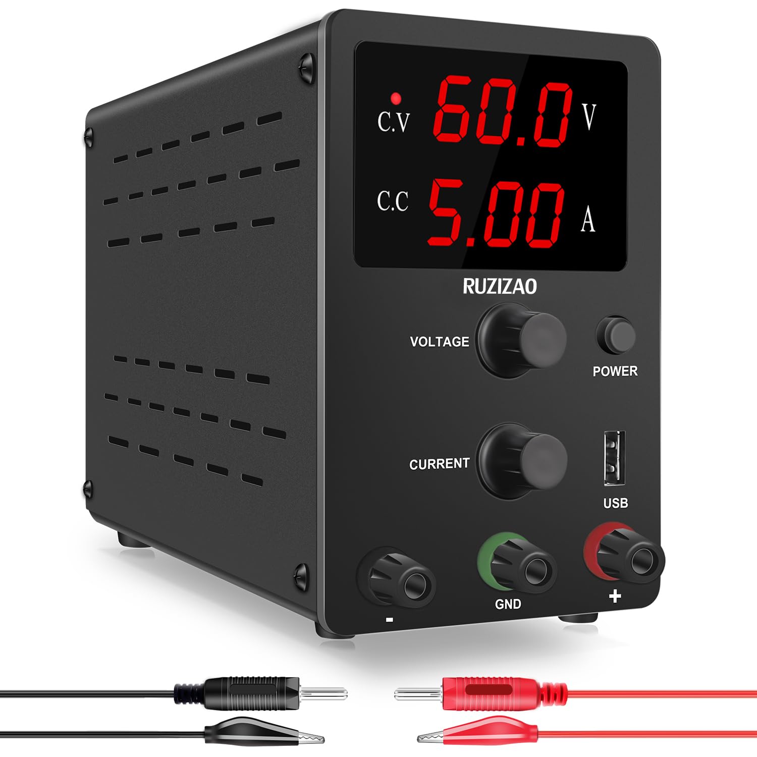 Fuente de Alimentación Regulable 60V 5A, Fuente de Alimentación de Laboratorio con Pantalla LED de 3 Dígitos, Fuente de Alimentacion de Banco con Puerto USB 5V/2A Fuente de Alimentación de CC