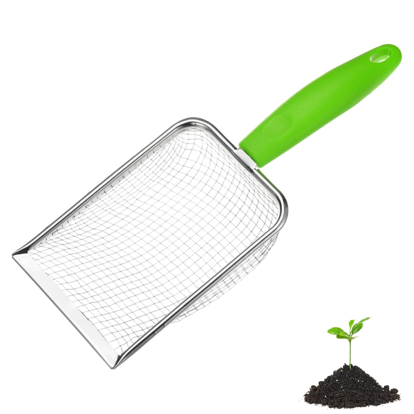 M METERXITY 1-Pack Gardening Soil Sifter, 4.3 mm Mesh Stainless Steel Portable Gardening Sifter with Plastic Handle for Sand/Dirt/Rock Compost [White, Green]