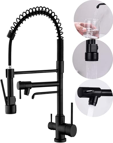 Delle Rosa Grifo de cocina, grifo de agua potable de 3 vías, grifo de cocina moderno con rociador extraíble, grifo de fregadero de cocina de doble