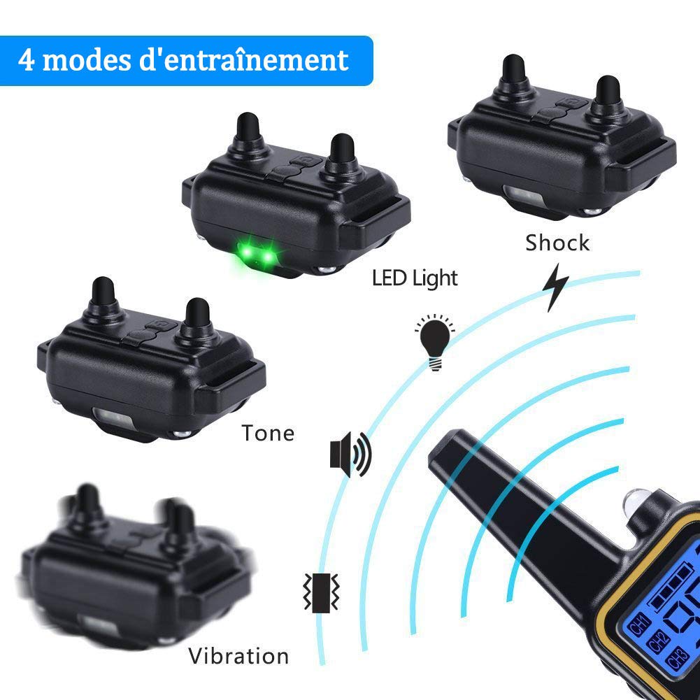 Collier de Dressage pour Chien avec bip/Vibration/Choc, étanche et Rechargeable, télécommande, portée de 800 mètres