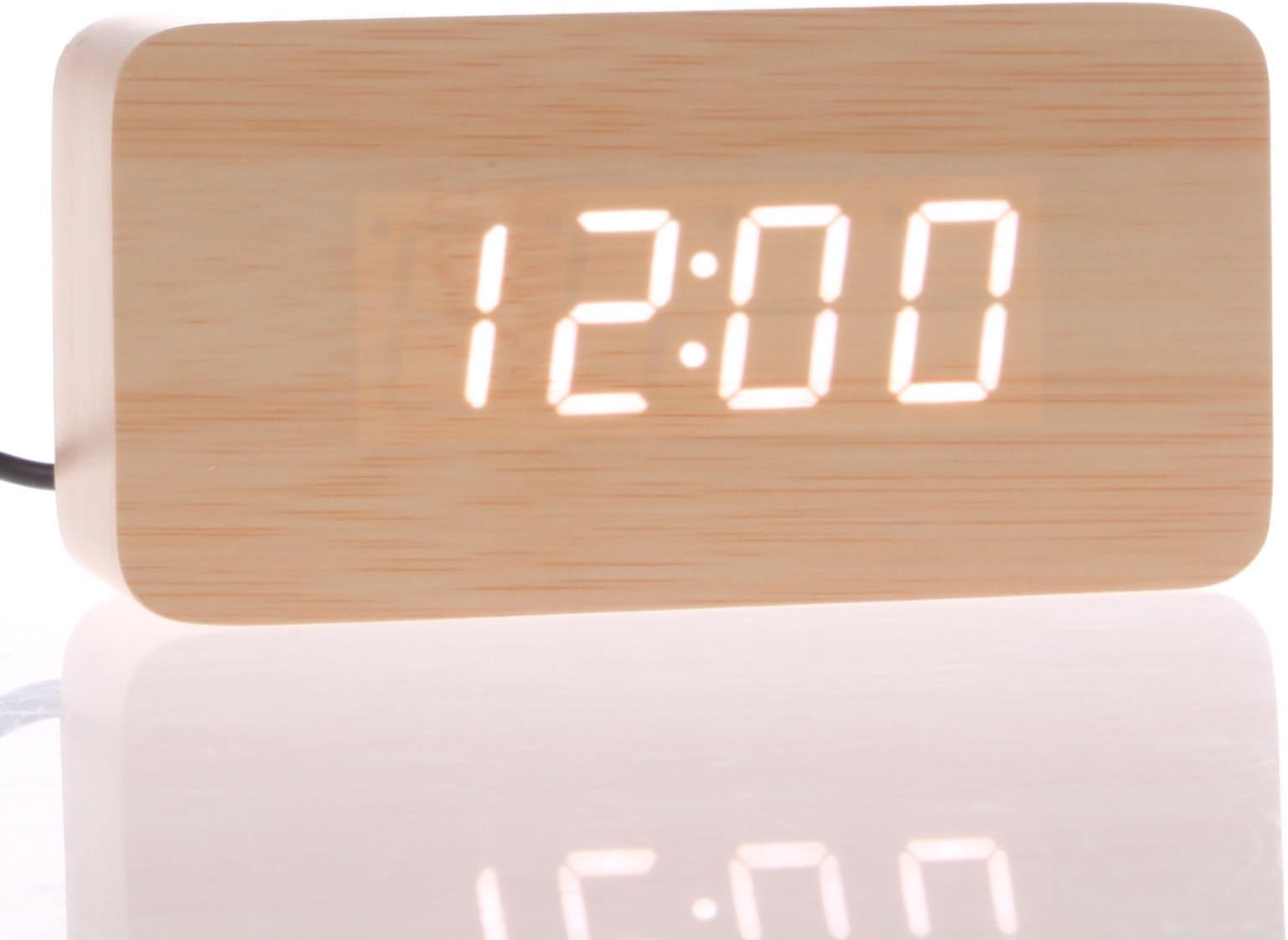 New Digital LED Wooden Desk Table Alarm Clock Thermometer Voice Control USB/AAA / Bamboo