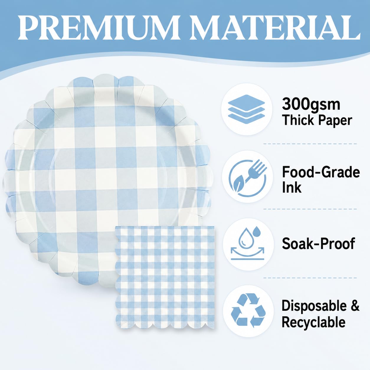 Blue Gingham Paper Plates & Napkins - 50 PCS -4