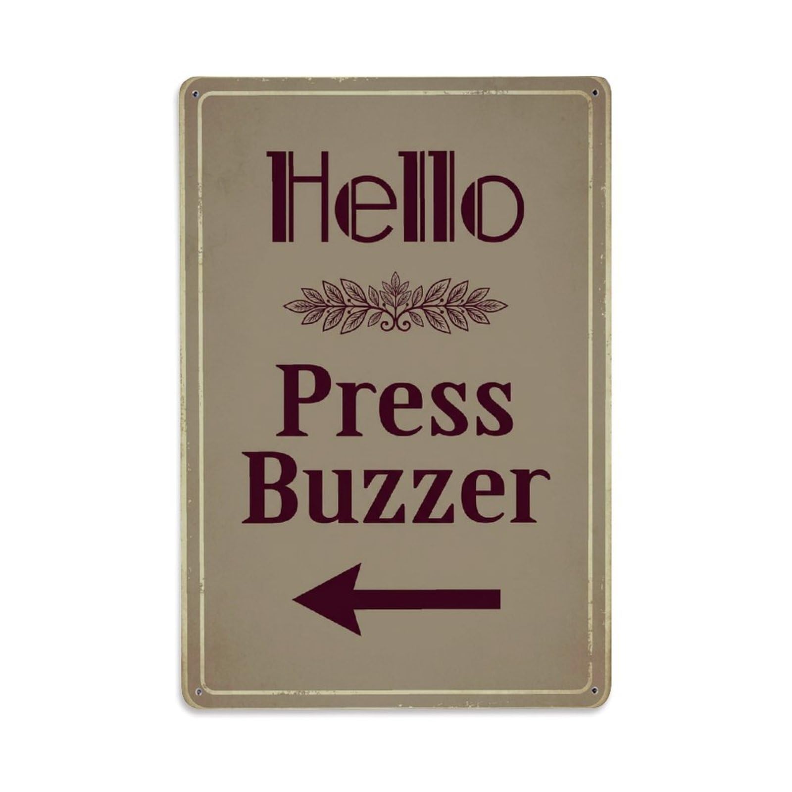 Vintage Hello Press Buzzer Arrow Leaf Metal Tin Sign