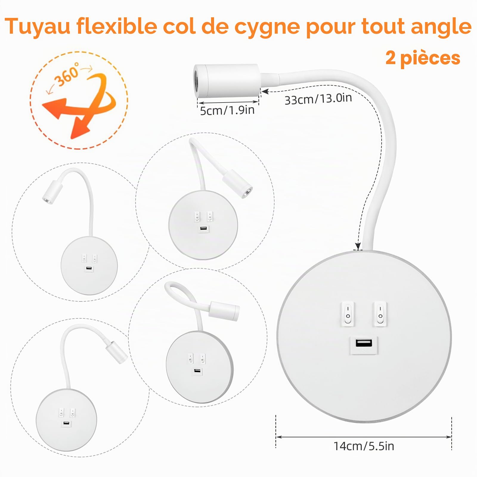 2PCS Applique Murale Interieur LED, Lampe de Lecture avec interrupteur, Liseuses Murales de Chevet Réglable avec Port de Charge USB, 3000K Lecture de Chevet Applique Murale pour Chambre Salon (Blanc)
