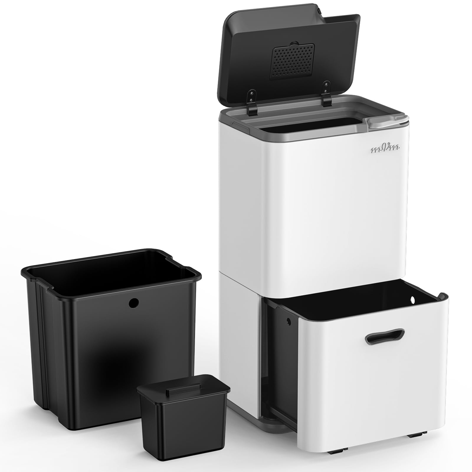 mVm Kitchen Bin,63L Triple Rubbish Bin,3 Compartment Stainless Steel Press Bin,Recycling Bin with Soft-Close Lids and Plastic Inner Buckets,Fingerprint Proof,Odour Seal,Large Capacity Trash Can